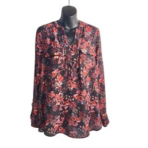 a.n.a Women's Multicolor Floral Print Tie V-Neck Blouse Size M